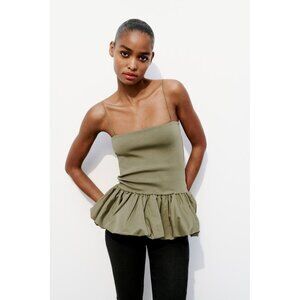 NWOT Zara olive khaki green ribbed tank inspired top with ruffle statement hem L